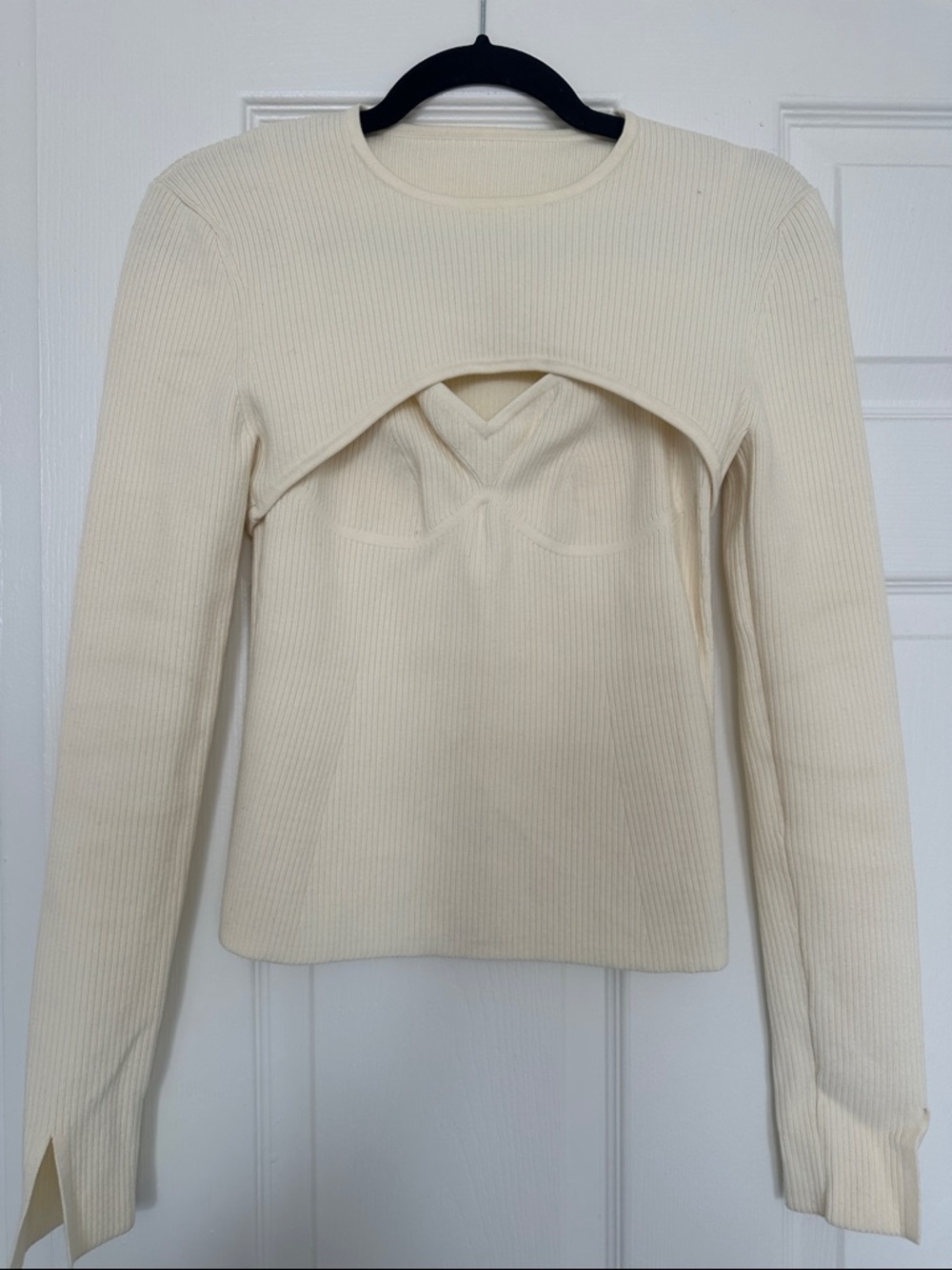 10 Crosby Derek Lam Cream Ribbed Layered-Cutout Long Sleeve Top
